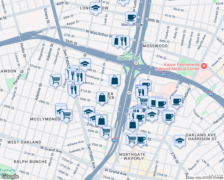 map of restaurants, bars, coffee shops, grocery stores, and more near 3115 Martin Luther King Junior Way in Oakland