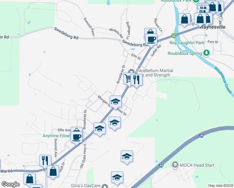 map of restaurants, bars, coffee shops, grocery stores, and more near 723 Broadway Street in Waynesville