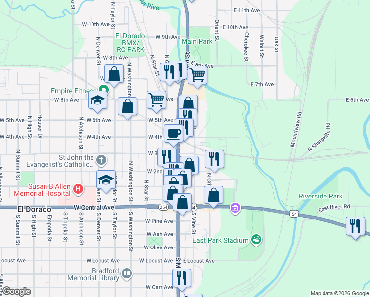 map of restaurants, bars, coffee shops, grocery stores, and more near 430 North Main Street in El Dorado