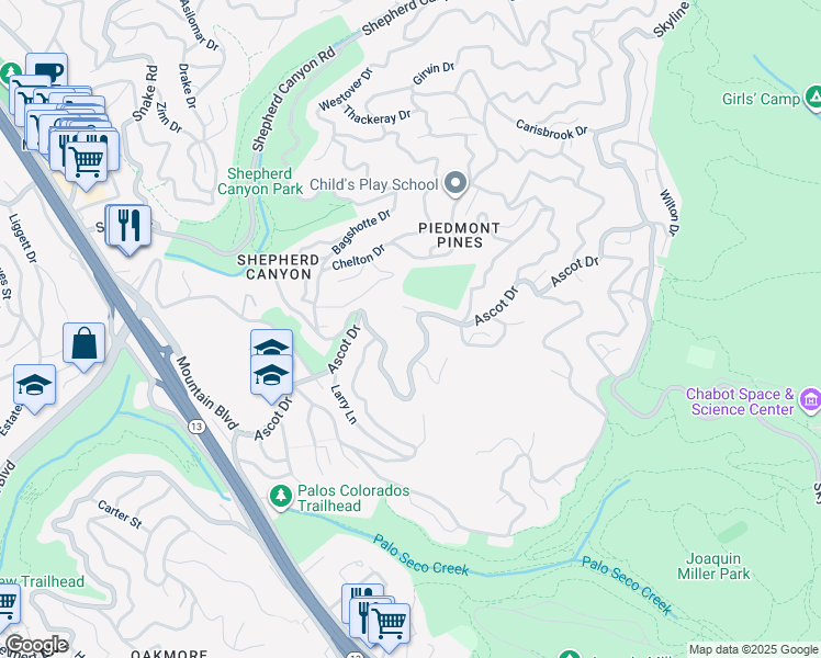 map of restaurants, bars, coffee shops, grocery stores, and more near 6153 Ascot Drive in Oakland