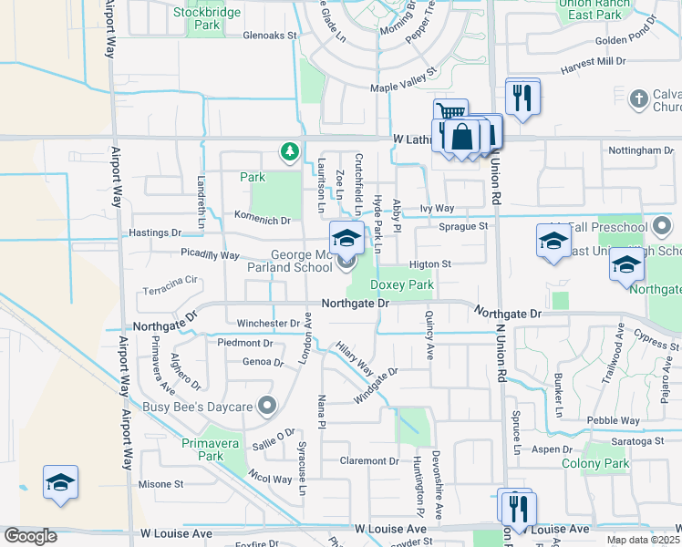 map of restaurants, bars, coffee shops, grocery stores, and more near 1601 Northgate Drive in Manteca