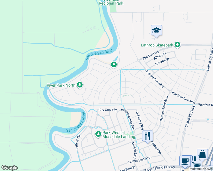 map of restaurants, bars, coffee shops, grocery stores, and more near 1002 Osprey Drive in Lathrop