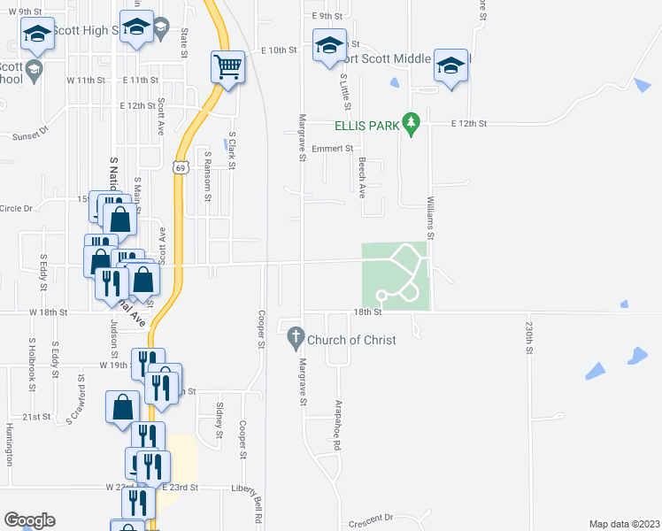 map of restaurants, bars, coffee shops, grocery stores, and more near 900 East National Avenue in Fort Scott