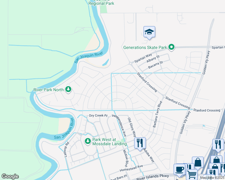 map of restaurants, bars, coffee shops, grocery stores, and more near 15450 Lathrop Road in Lathrop