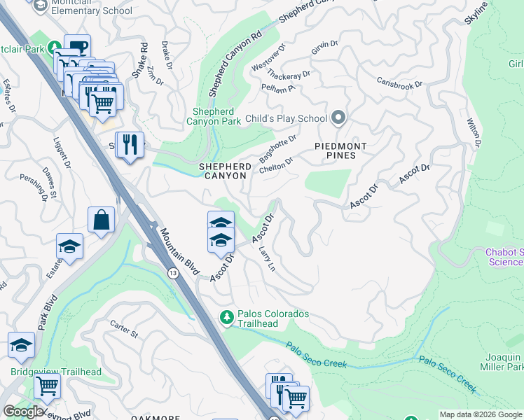 map of restaurants, bars, coffee shops, grocery stores, and more near 5662 Chelton Drive in Oakland