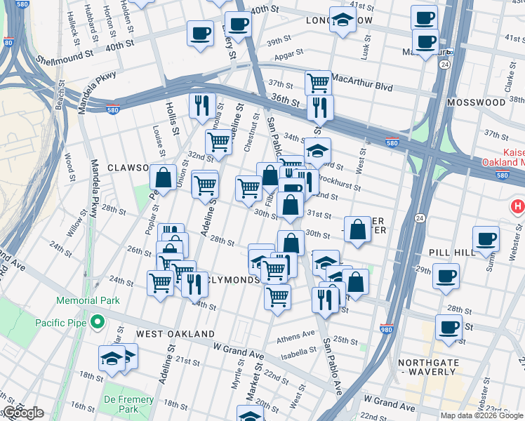 map of restaurants, bars, coffee shops, grocery stores, and more near 2933 Filbert Street in Oakland