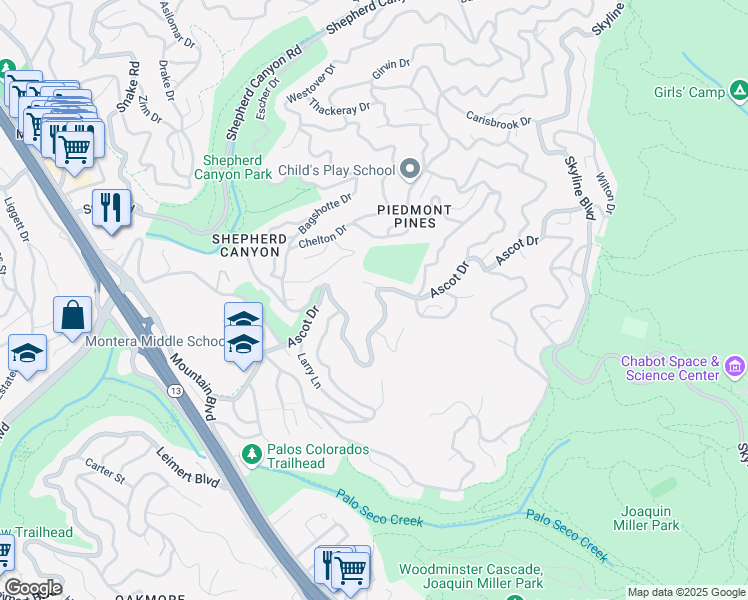 map of restaurants, bars, coffee shops, grocery stores, and more near 6153 Ascot Drive in Oakland