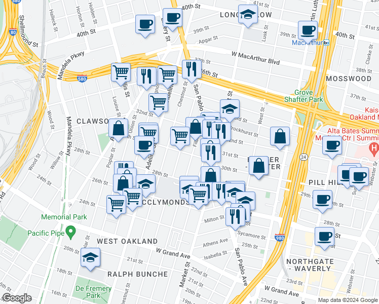 map of restaurants, bars, coffee shops, grocery stores, and more near 3003 Filbert Street in Oakland