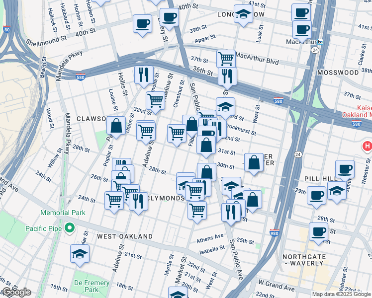 map of restaurants, bars, coffee shops, grocery stores, and more near 3003 Filbert Street in Oakland