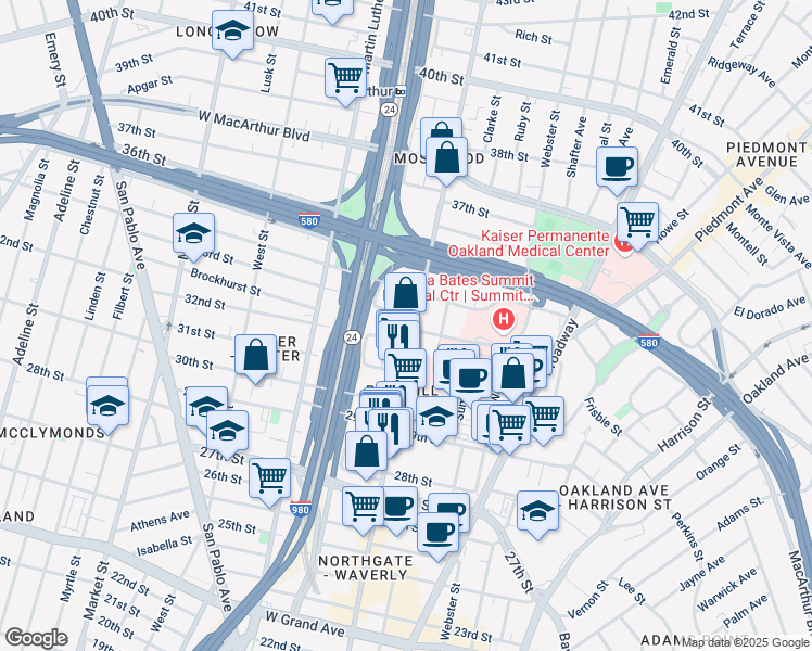 map of restaurants, bars, coffee shops, grocery stores, and more near 3200 Telegraph Avenue in Oakland
