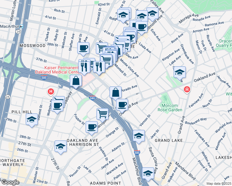 map of restaurants, bars, coffee shops, grocery stores, and more near in Oakland
