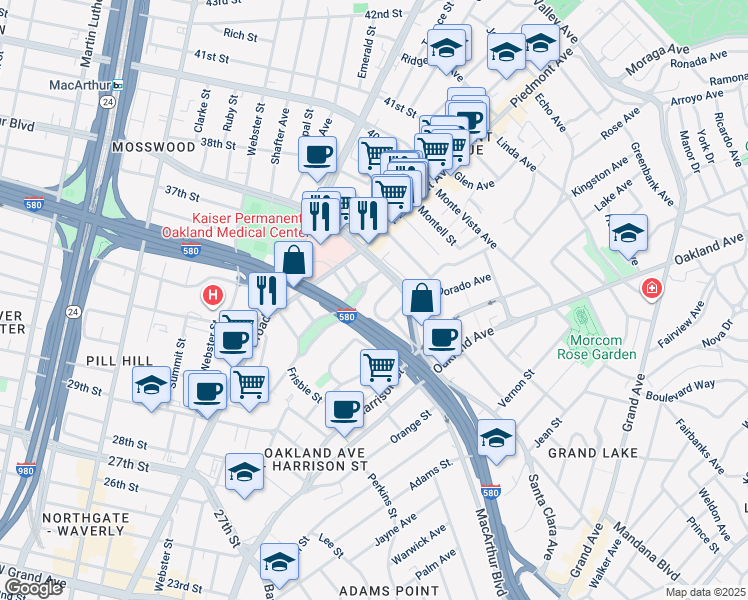 map of restaurants, bars, coffee shops, grocery stores, and more near 3516 Kempton Way in Oakland