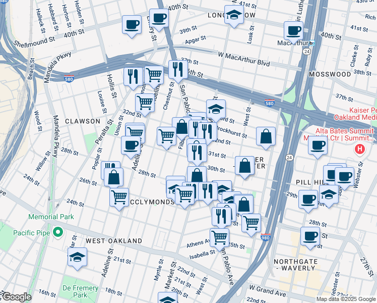 map of restaurants, bars, coffee shops, grocery stores, and more near 3001 San Pablo Avenue in Oakland