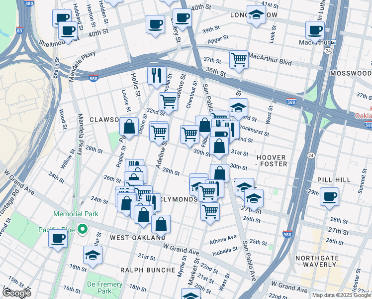 map of restaurants, bars, coffee shops, grocery stores, and more near 2907 Linden Street in Oakland