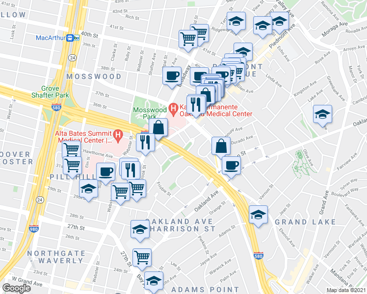 map of restaurants, bars, coffee shops, grocery stores, and more near 3465 Richmond Blvd in Oakland