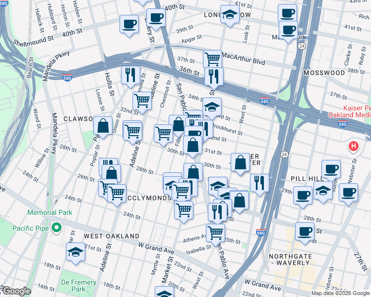 map of restaurants, bars, coffee shops, grocery stores, and more near 3015 Myrtle Street in Oakland