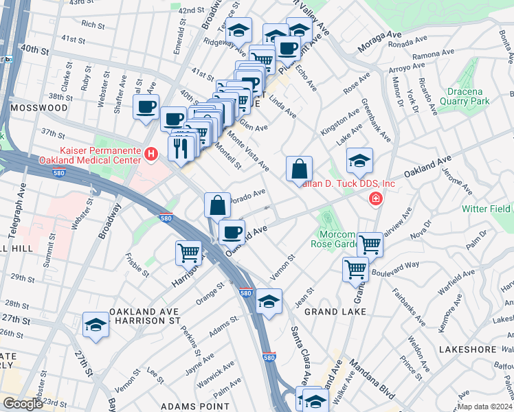 map of restaurants, bars, coffee shops, grocery stores, and more near 3815 Harrison Street in Oakland
