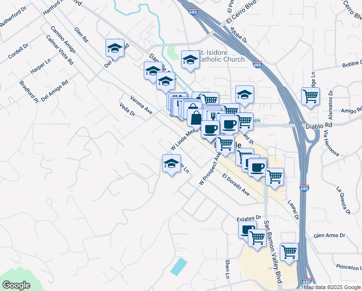 map of restaurants, bars, coffee shops, grocery stores, and more near 217 West Linda Mesa Avenue in Danville