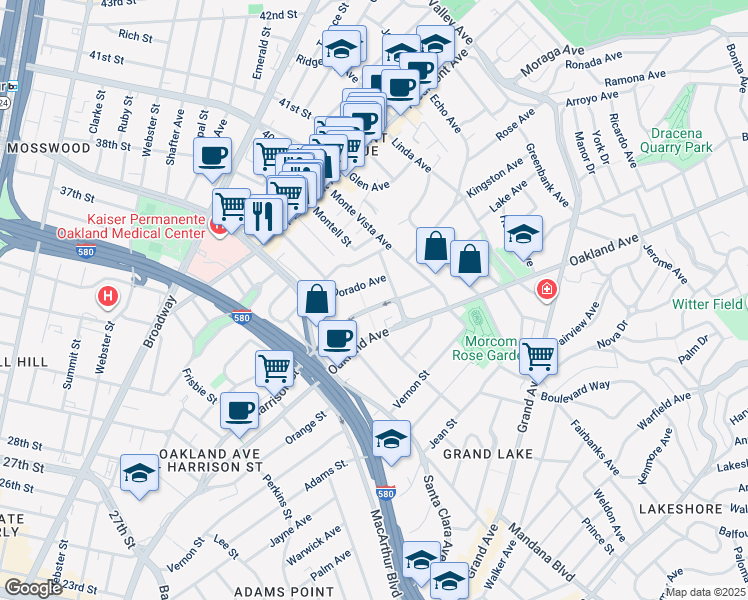 map of restaurants, bars, coffee shops, grocery stores, and more near 3815 Harrison Street in Oakland