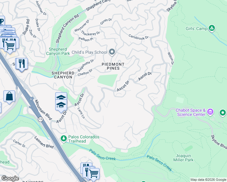 map of restaurants, bars, coffee shops, grocery stores, and more near 0 Camelford Place in Oakland