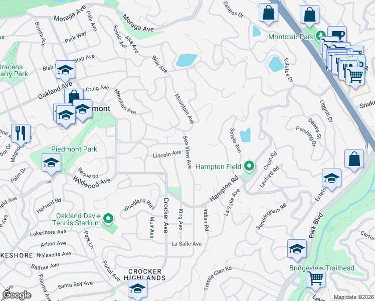 map of restaurants, bars, coffee shops, grocery stores, and more near 0 Lincoln Avenue in Piedmont