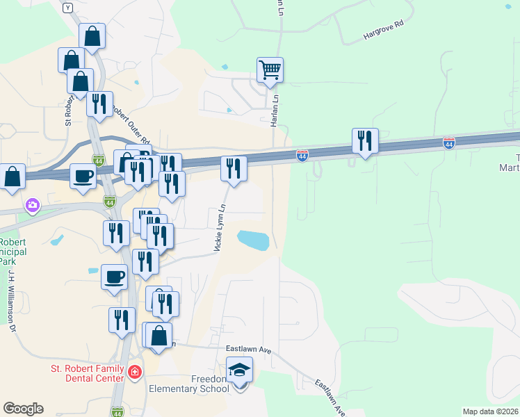map of restaurants, bars, coffee shops, grocery stores, and more near 111 Bruce Drive in Saint Robert
