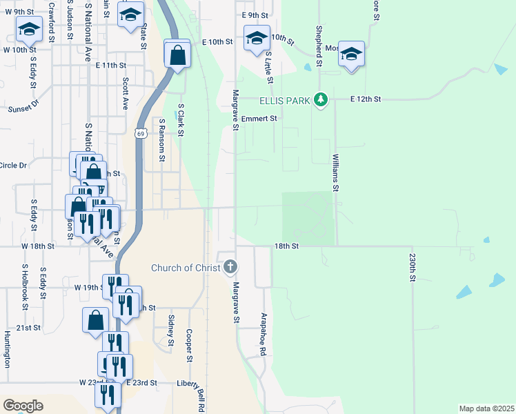 map of restaurants, bars, coffee shops, grocery stores, and more near 900 East National Avenue in Fort Scott