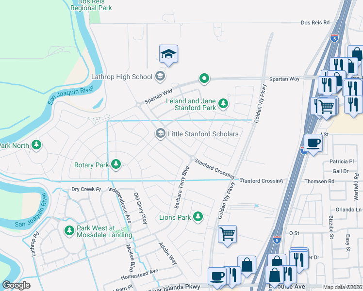 map of restaurants, bars, coffee shops, grocery stores, and more near 552 Chimes Street in Lathrop