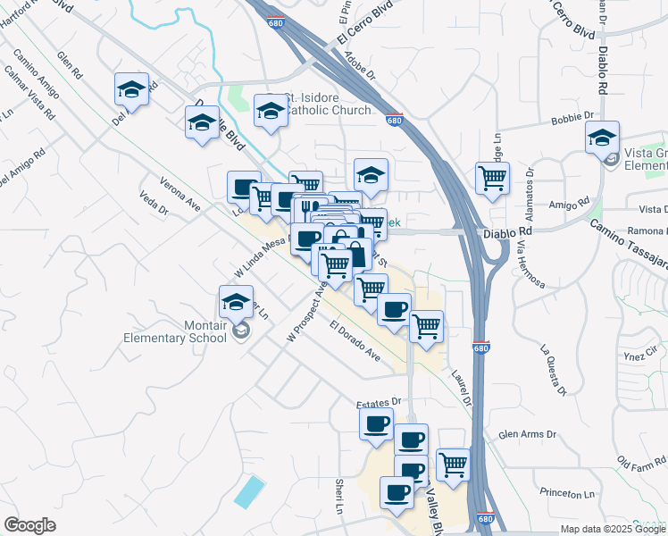 map of restaurants, bars, coffee shops, grocery stores, and more near 185 Railroad Avenue in Danville