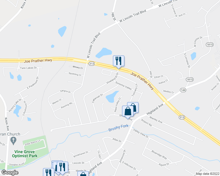 map of restaurants, bars, coffee shops, grocery stores, and more near 407 Cabernet Drive in Vine Grove