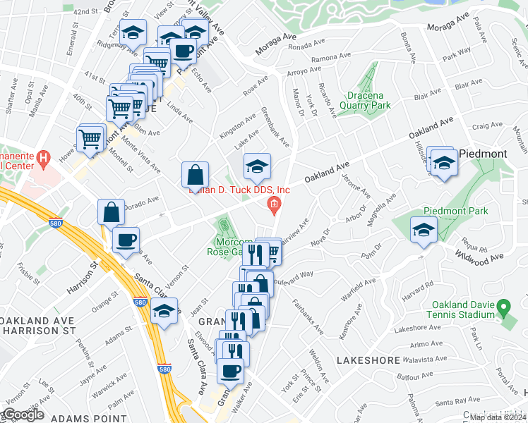 map of restaurants, bars, coffee shops, grocery stores, and more near 235 Sunnyside Avenue in Piedmont
