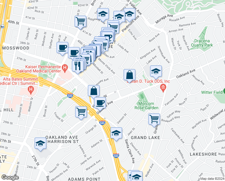 map of restaurants, bars, coffee shops, grocery stores, and more near 3806 Harrison Street in Oakland