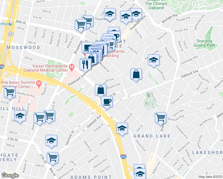 map of restaurants, bars, coffee shops, grocery stores, and more near in Oakland