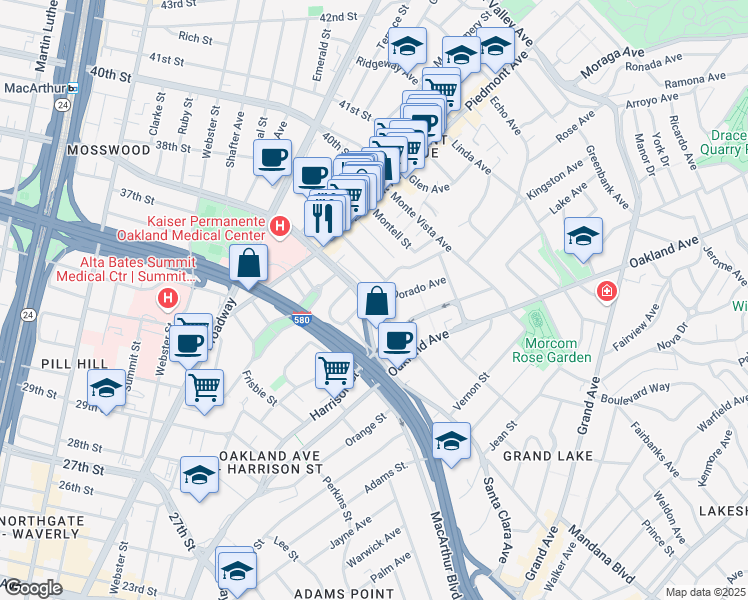 map of restaurants, bars, coffee shops, grocery stores, and more near in Oakland