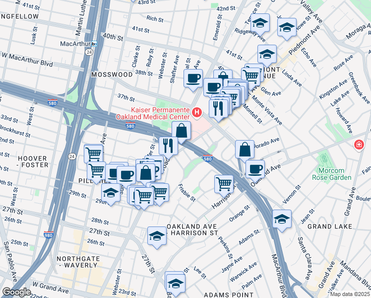 map of restaurants, bars, coffee shops, grocery stores, and more near 31 Croxton Avenue in Oakland