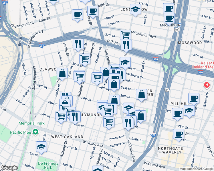 map of restaurants, bars, coffee shops, grocery stores, and more near 2933 Filbert Street in Oakland