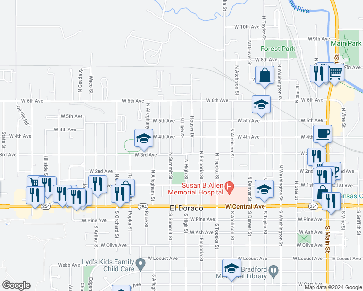 map of restaurants, bars, coffee shops, grocery stores, and more near 938 West 3rd Avenue in El Dorado