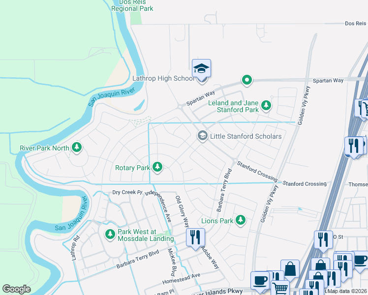 map of restaurants, bars, coffee shops, grocery stores, and more near 15492 Warbler Place in Lathrop