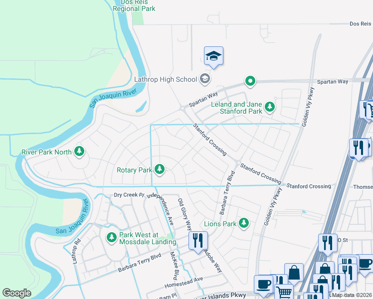 map of restaurants, bars, coffee shops, grocery stores, and more near 15492 Warbler Place in Lathrop