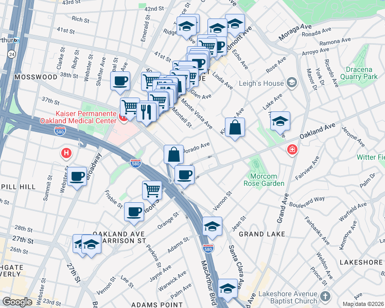 map of restaurants, bars, coffee shops, grocery stores, and more near 590 El Dorado Avenue in Oakland