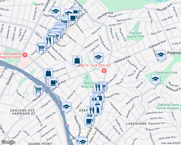 map of restaurants, bars, coffee shops, grocery stores, and more near 104 Olive Avenue in Piedmont