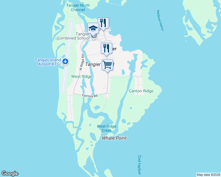 map of restaurants, bars, coffee shops, grocery stores, and more near 16371-16399 Main Ridge Road in Tangier