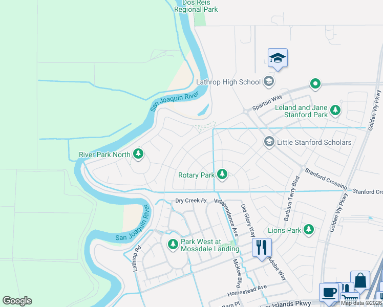 map of restaurants, bars, coffee shops, grocery stores, and more near 15450 Lathrop Road in Lathrop