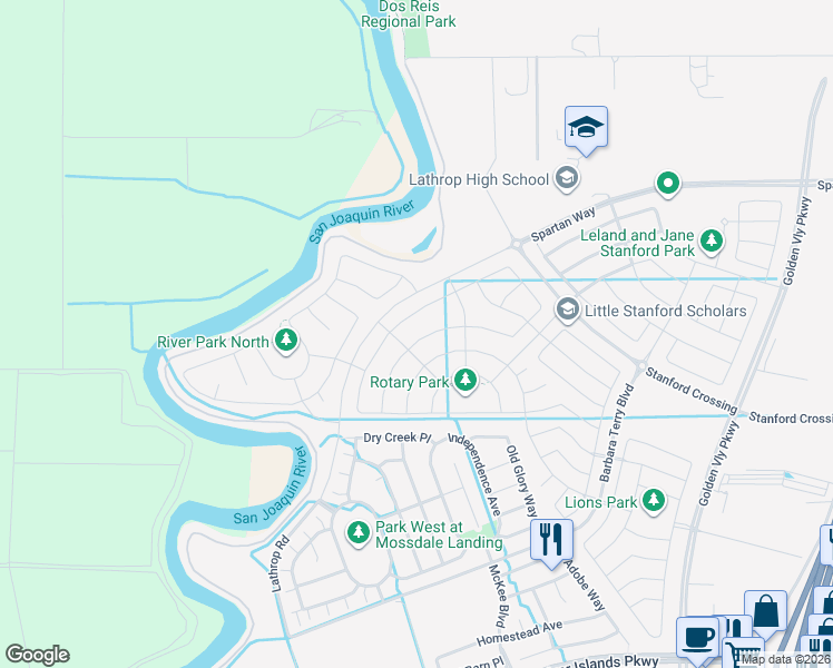 map of restaurants, bars, coffee shops, grocery stores, and more near 15450 Lathrop Road in Lathrop