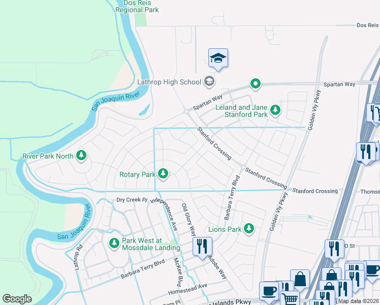 map of restaurants, bars, coffee shops, grocery stores, and more near 15492 Warbler Place in Lathrop