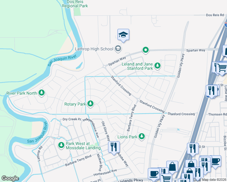map of restaurants, bars, coffee shops, grocery stores, and more near 15455 Folktale Way in Lathrop