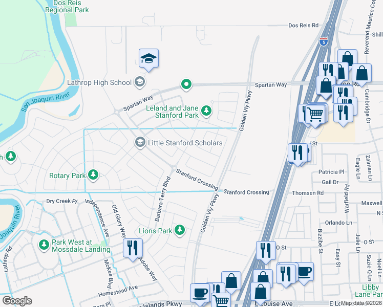 map of restaurants, bars, coffee shops, grocery stores, and more near 431 Sunol Street in Lathrop