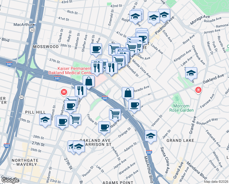 map of restaurants, bars, coffee shops, grocery stores, and more near 3537 Kempton Way in Oakland