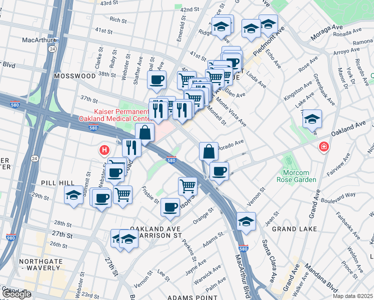map of restaurants, bars, coffee shops, grocery stores, and more near 3537 Kempton Way in Oakland