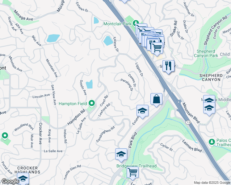 map of restaurants, bars, coffee shops, grocery stores, and more near 24 Somerset Road in Oakland